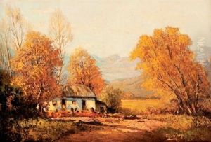 Thatched Cottage In A Mountainous Landscape by Tinus de Jongh