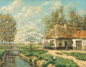 A Farmhouse Near A Canal In Spring Time by Tinus de Jongh