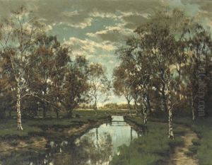 De Voordense Beek - A Sunny Autumn Landscape With Birches by Tinus de Jongh