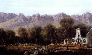 A Cape Homestead In A Mountainous Landscape by Tinus de Jongh