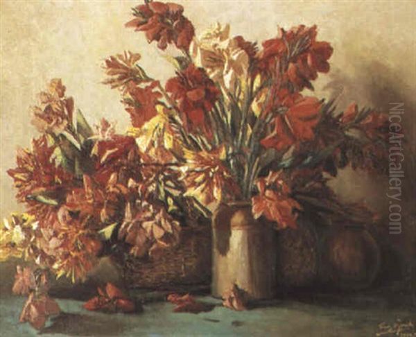 Still Life Of Cannas, Basket And Jar - view 1