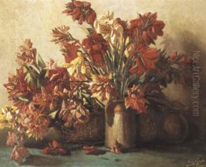 Still Life Of Cannas, Basket And Jar by Tinus de Jongh