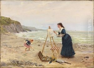 Beach Scene With Woman Painting At An Easel While A Child Is Playing