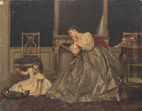 Mother And Child With Cat - view 1