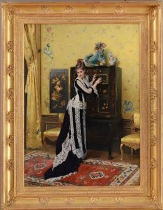 Elegant Lady Standing By A Chinese Cabinet by Gustave Leonhard de Jonghe