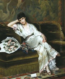 Vrouw In Kimono Met Rozenboeket