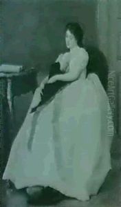 Sitzendes Madchen In Weissem, Voluminosem Ballkleid Mit     Einer Langen, Fliederfarbenen Schleife by Gustave Leonhard de Jonghe