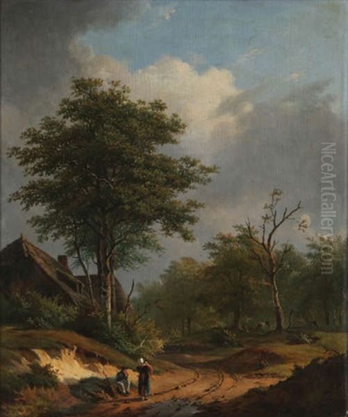 Scene Champetre Avec Une Famille De Ramasseurs De Bois Se Reposant Pres D'une Ferme Avec Berger A L'arriere-plan - view 1