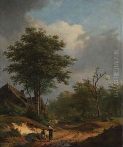 Scene Champetre Avec Une Famille De Ramasseurs De Bois Se Reposant Pres D'une Ferme Avec Berger A L'arriere-plan by Jean-Baptiste de Jonghe