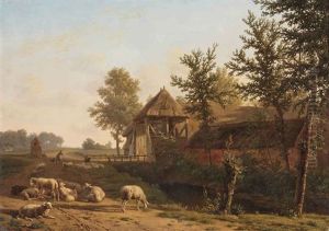 A Landscape With A Shepherd And His Flock On A Country-road Near A Farmhouse by Jean-Baptiste de Jonghe