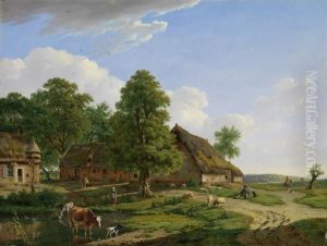 Sommerliche Landschaft Mit Weg, Gehoften, Hirten, Esel Und Kuhen Und Hund