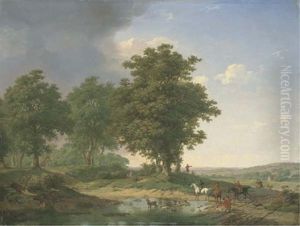 Hallali A L'etang (in Collab. W/eugene Joseph Verboeckhoven) by Jean-Baptiste de Jonghe