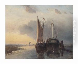 Moured Vessels At Sunset by Johan Barthold Jongkind