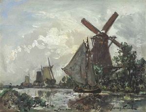 Moulins Au Bord D'un Canal, Hollande by Johan Barthold Jongkind