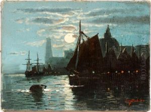 Ships In Moonlight Harbor by Johan Barthold Jongkind