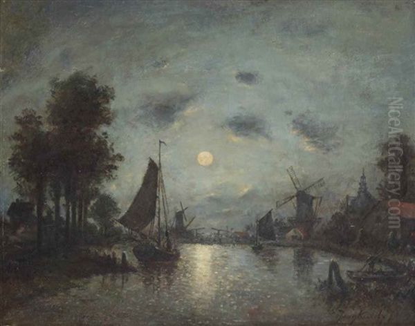 A Sailing Vessel In A Dutch Estuary By Night - view 1