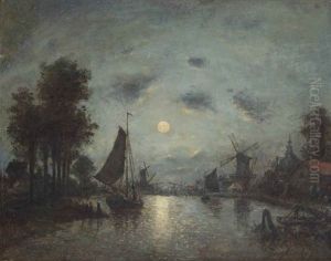 A Sailing Vessel In A Dutch Estuary By Night by Johan Barthold Jongkind