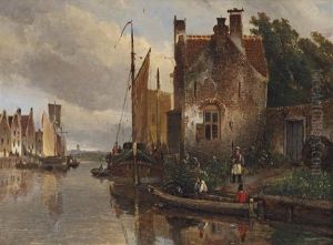 Bateau Amarres, Hollande: Moored Boats Along A Village Quay by Johan Barthold Jongkind