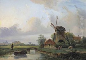 A River Landscape With Figures Near A Windmill by Johan Barthold Jongkind