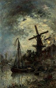 Monlin Et Bateau Au Clair De Lune by Johan Barthold Jongkind