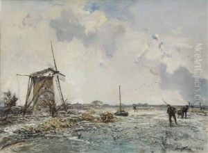 Patineurs Pres D'un Moulin, Hollande by Johan Barthold Jongkind
