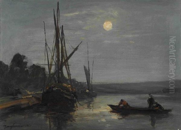 Kanallandschaft Mit Segelbooten Im Mondlicht - view 1