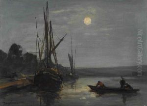 Kanallandschaft Mit Segelbooten Im Mondlicht by Johan Barthold Jongkind