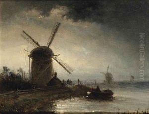 Opkomende Maan (a  River Landscape With A Windmill At Dusk) by Johan Barthold Jongkind