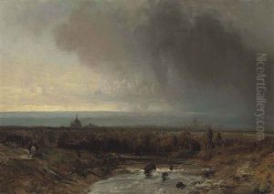 A River Landscape Beneath A Stormy Sky