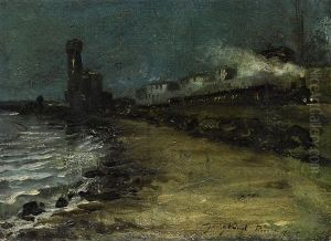 Meeresufer Mit Leuchtturm Und Fahrendem Zug Bei Nacht by Johan Barthold Jongkind
