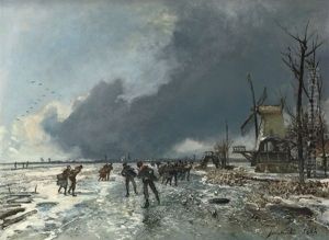 Patineurs En Hollande, Ciel Couvert: Skaters On A Frozen Waterway by Johan Barthold Jongkind