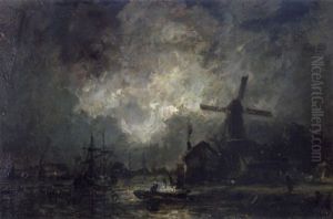 Bateaux Au Clair De Lune Dans Un Port En Hollande by Johan Barthold Jongkind