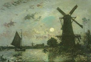 Canal Et Moulin Au Clair De Lune En Hollande by Johan Barthold Jongkind
