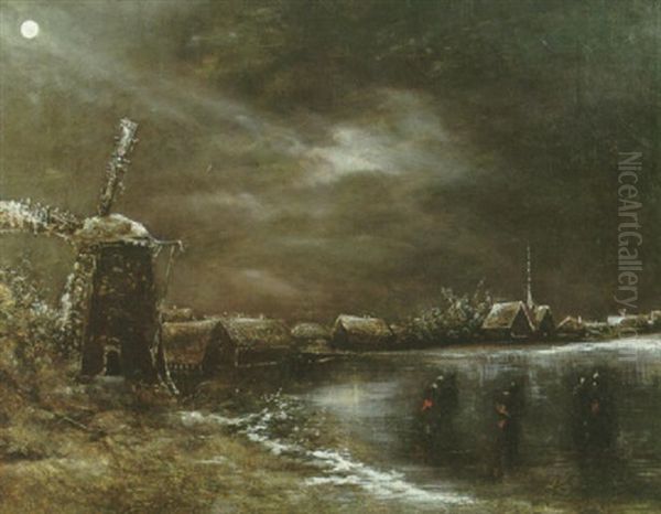 A Nocturnal Winter Scene With Figures On The Ice In The Foreground - view 1