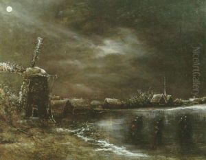 A Nocturnal Winter Scene With Figures On The Ice In The Foreground by Johan Barthold Jongkind