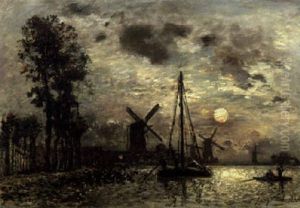 French Moonlit Harbor, Latrop (near Rotterdam) by Johan Barthold Jongkind
