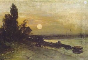 Volle Maan Boven Een Rivierlandschap Volle Maan Boven Een Rivierlandschap