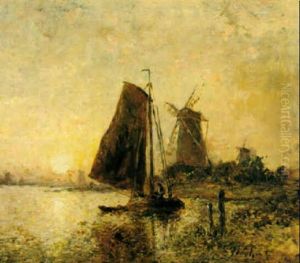 A Fishing Boat And Windmill At Sunset by Johan Barthold Jongkind