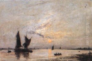 Barques De Peches Au Coucher De Soleil by Johan Barthold Jongkind