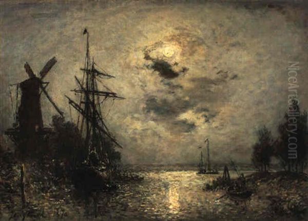 Canal Near Dordrecht In Moonlight - view 1