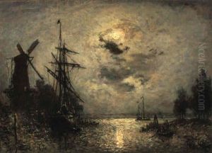 Canal Near Dordrecht In Moonlight by Johan Barthold Jongkind