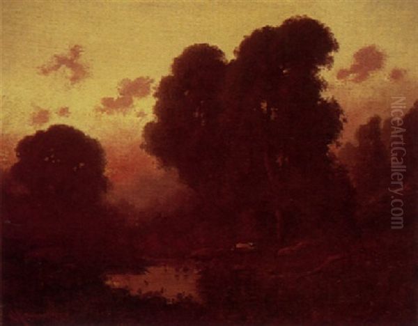 Cattle By A Stream At Sunset - view 1