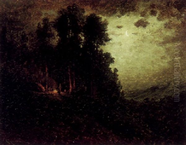Campfire On A Hilltop At Night - view 1