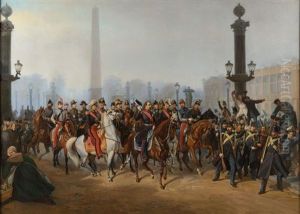 Le Prince President Louis Napoleon Bonaparte En Compagnie Du Prince Jerome Accompagne De Son Etat-major Passant En Revue La Gendarmerie Mobile, Acclame Par La Foule, Place De La Concorde, Le 2 Decembre 1851 by Victor-Philippe-A. de Jonquieres