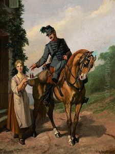 Kavallerist Zu Pferd Empfangt Ein Glas Rotwein by Victor-Philippe-A. de Jonquieres