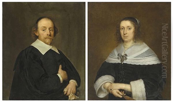 Portrait Of A Gentleman, Half-length, In A Black Coat And Cloak; And Portrait Of A Lady, Half-length, In A Black Gown And A Lace-trimmed Flat Collar And Cuffs - view 1