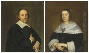 Portrait Of A Gentleman, Half-length, In A Black Coat And Cloak; And Portrait Of A Lady, Half-length, In A Black Gown And A Lace-trimmed Flat Collar And Cuffs by Cornelis Jonson Van Ceulen
