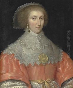 Portrait Of A Lady, Traditionally Identified As Lucy Russell, Countess Of Bedford, In A Pink Bodice With A Yellow Ribbon Sash by Cornelis Jonson Van Ceulen