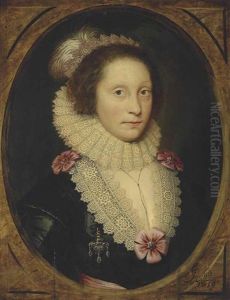 Portrait Of A Lady, Traditionally Identified As Lady Corbett, Half-length, In A Black Dress Adorned With Pink Rosettes And A Reticella Lace Collar, Cartwheel Ruff And Headdress, In A Feigned Oval by Cornelis Jonson Van Ceulen