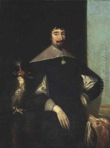 Portrait Of A Gentleman, Three-quarter-length, In A Black Doublet And A White, Standing Collar Leaning Against A Balustrade, With A Falcon And A Pointer by Cornelis Jonson Van Ceulen